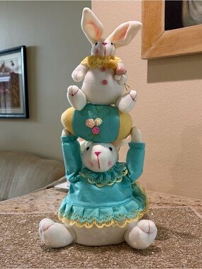 Teal and Yellow Stacked Mama & Baby Bunny Easter Holiday Plush Decor